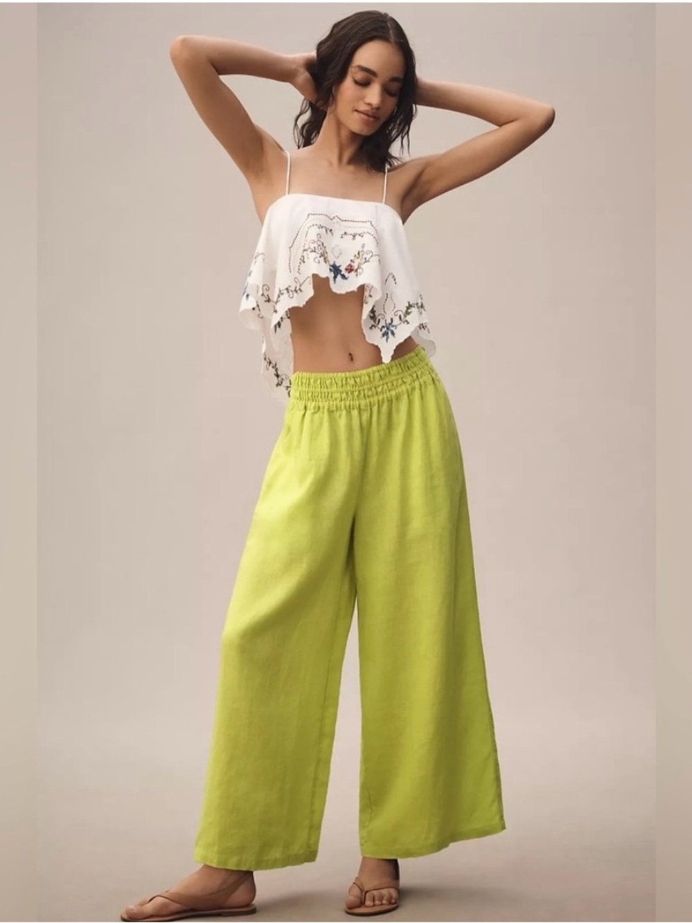 Anthropologie Somerset Linen Pull-on Pants Lime Green Wide-Leg Pants Size M